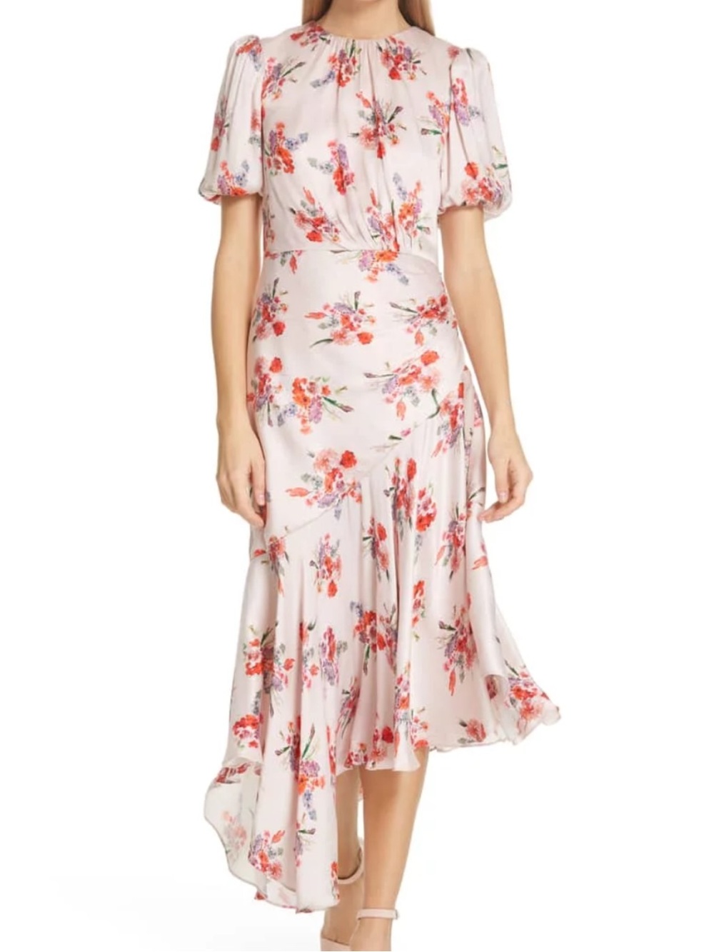AMUR blush pink floral asymmetrical hem midi/maxi dress